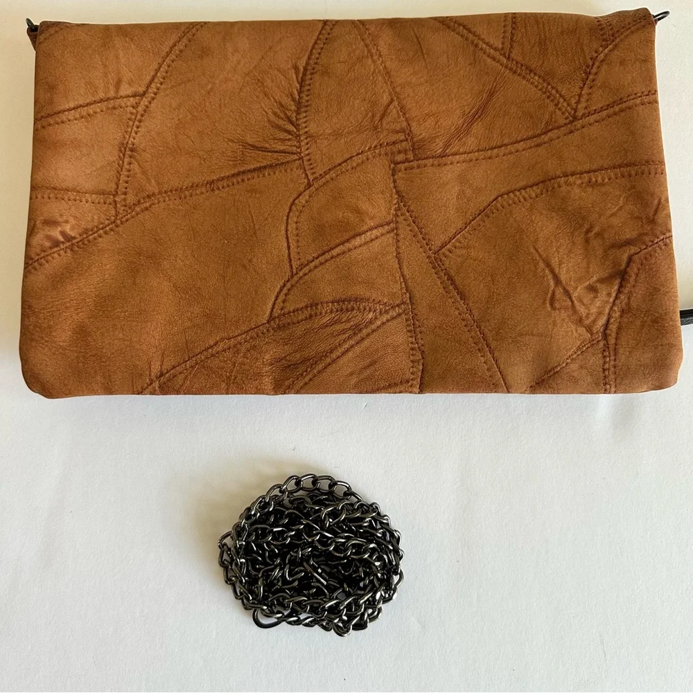 Tan Faux Leather Fold-Over Clutch‎ Crossbody with Chain Strap